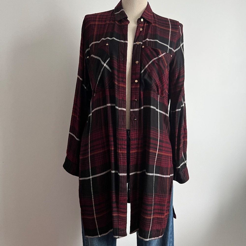 Dex - Long Burgundy Plaid Button Down Blouse